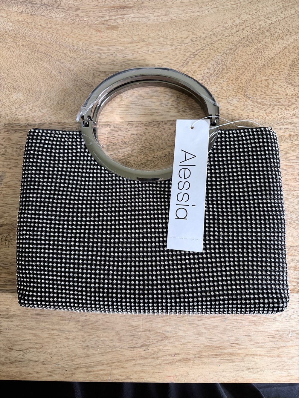 Alessia Black and Silver Rhinestone Mesh Clutch NWT
